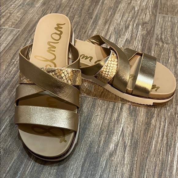Sam Edelman Ariele Gold Metallic Snake Strappy Platform Slide On Sandals Size 6 - Picture 4 of 12